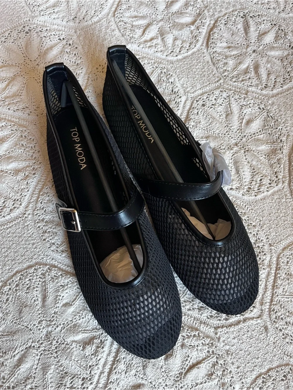NWT Top Moda black mesh ballet flats Mary Jane buckle round toe
